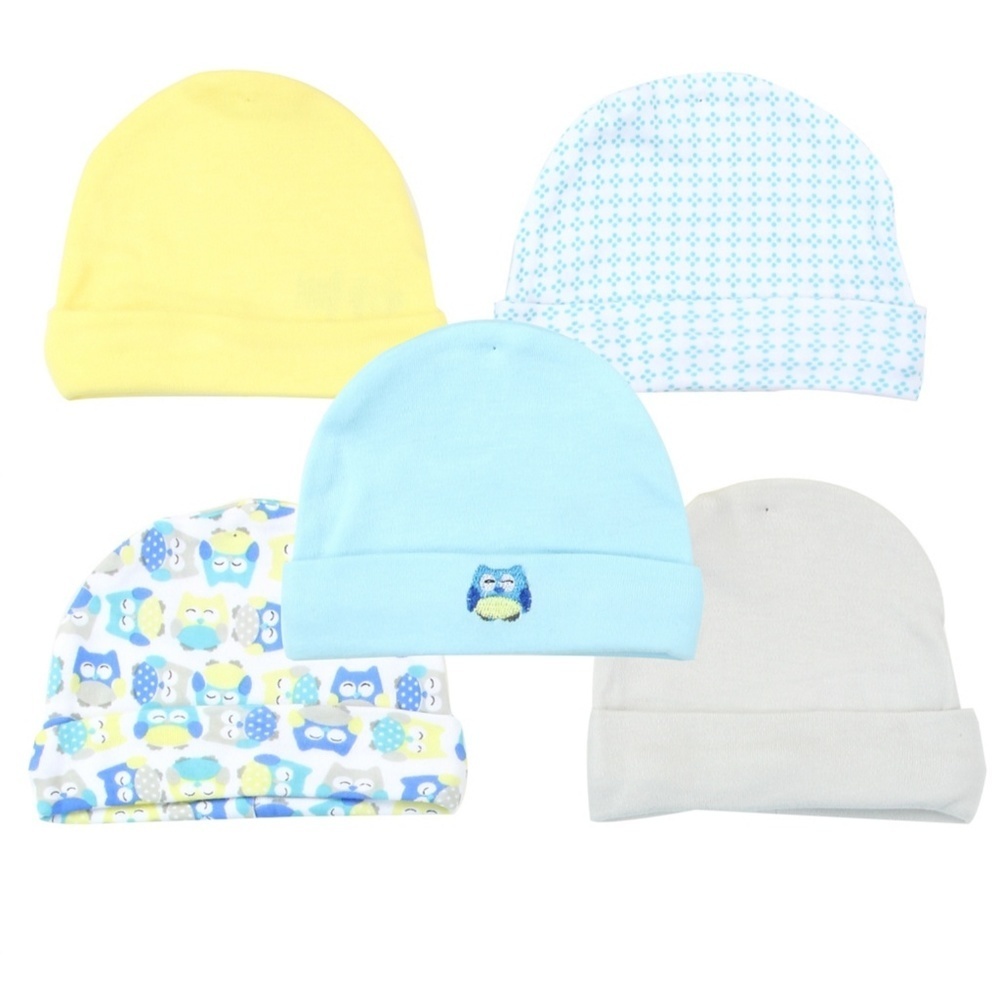 Baby Boy Bundle: 5 Comfy Cotton Blue Owl Hats